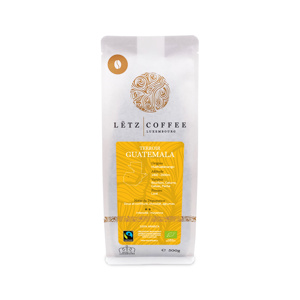 Guatemala - Terroir Huehuetenango, mélange d'arabicas certifié bio et fairtrade - Café torréfié et emballé au Luxembourg, paquet 500g